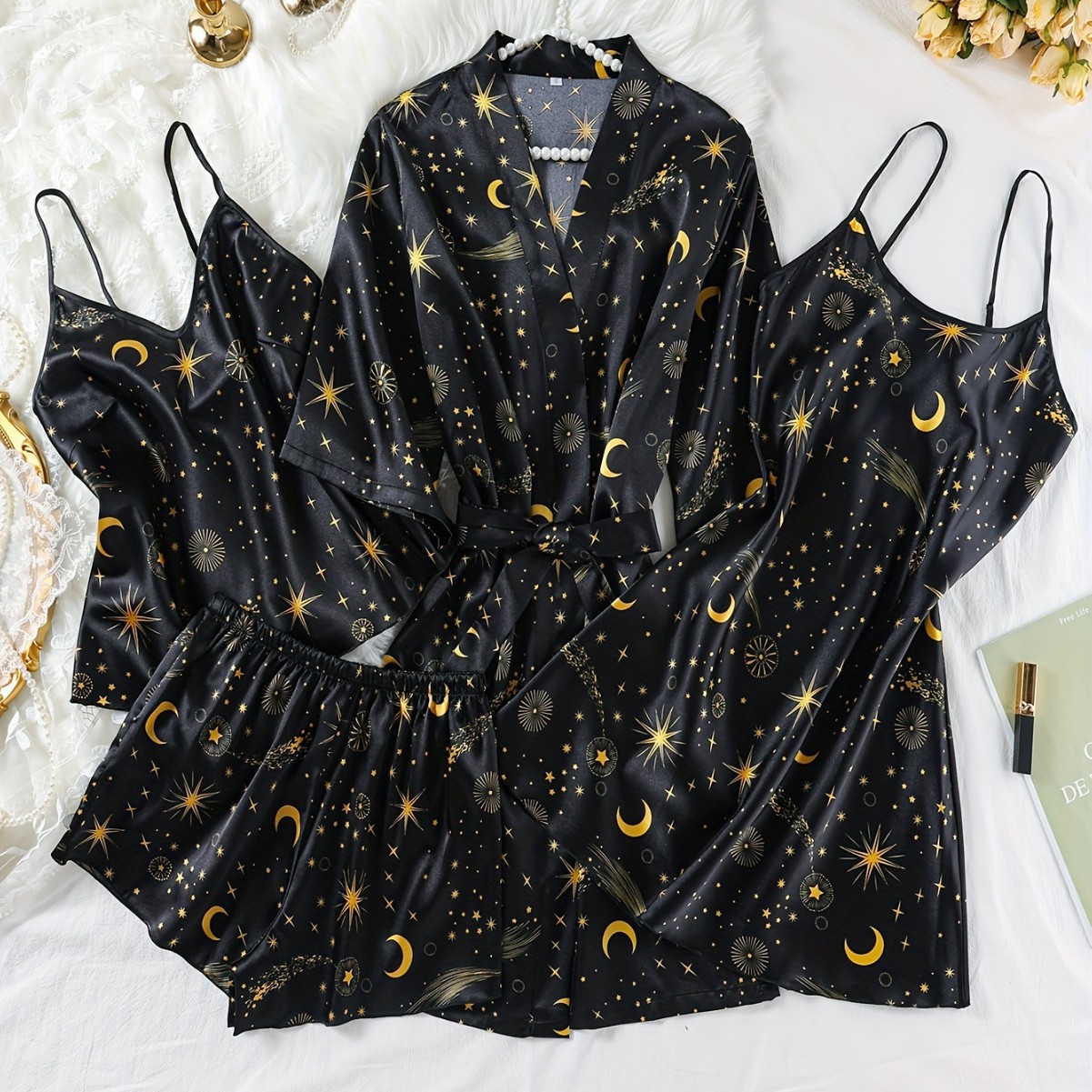 Wholesale European and American imitation silk nightgown black home clothes four-piece fashion comfortable lace pajamas suit women