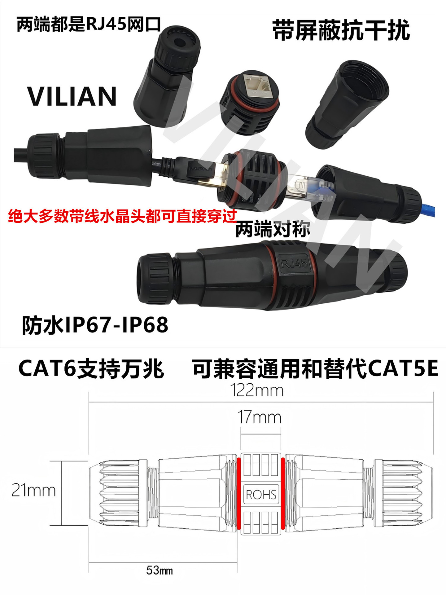 IP68��ҵ��ˮǧ���������߶Խ�ֱͨrj45ת��ͷ������POE�ӳ���