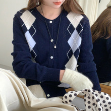 秋冬款菱形格纹复古学院风圆领纯羊毛开衫女毛衣外搭软糯针织外套