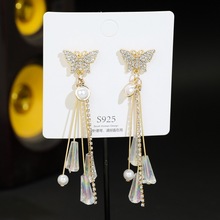 925銀針超仙水晶蝴蝶氣質長款流蘇耳環女韓國個性網紅耳釘耳飾品