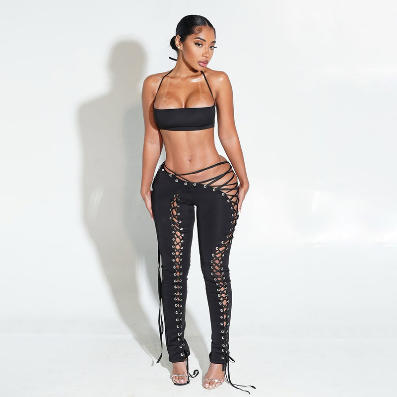 European and American Cross-Border 2025 Autumn New Women's Fashion Solid Color Halter Neck Tie-Up Tank Top and Sexy Tie-Up Long Pants Two-Piece Set