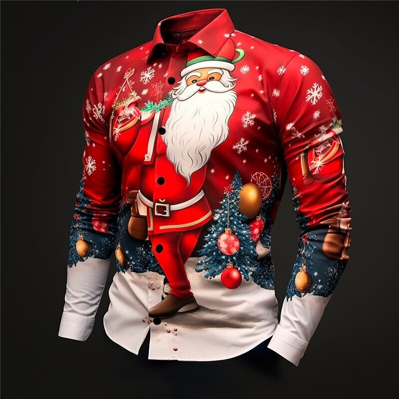 New Christmas-themed men's casual shirt with 3D digital print, loose fit, autumn floral pattern casual shirt New Christmas-themed men's casual shirt with 3D digital print, loose fit, autumn floral pattern casual shirt