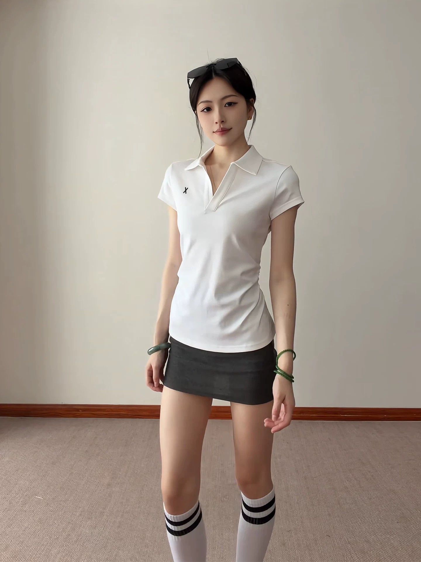韩系气质V领正肩polo衫t恤女夏季修身收腰翻领运动网球服短袖上衣