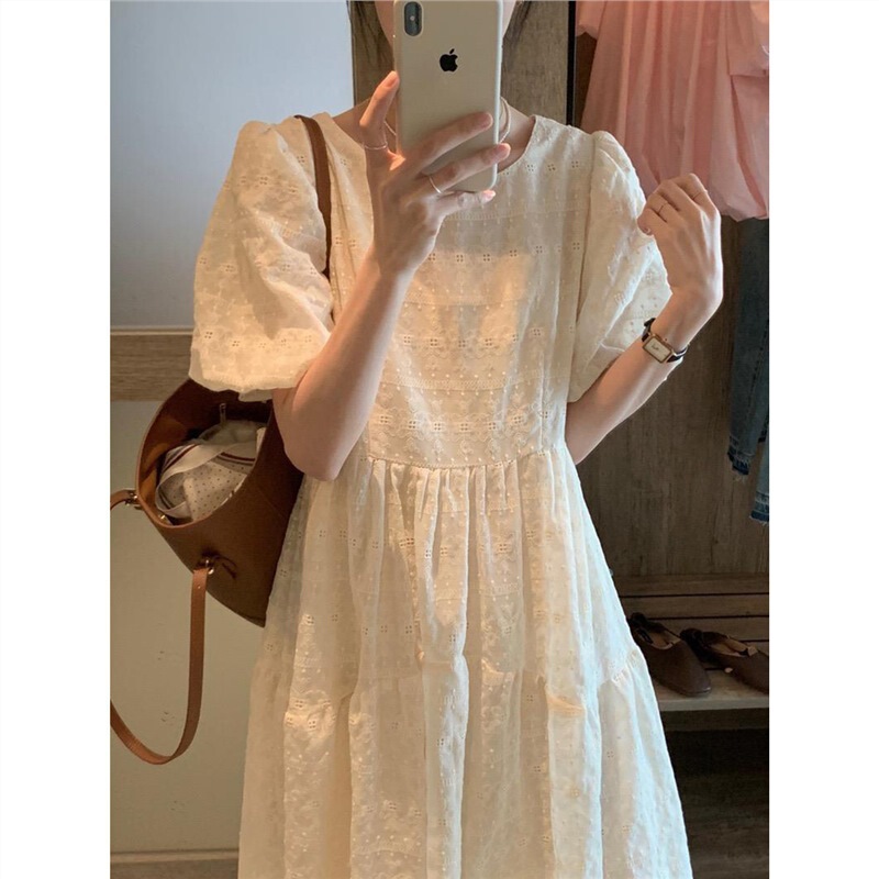 South Korea's Dongdaemun Sweet Crochet Embroidered Round Neck Dress Off-White Elegant Mid-Length A-Line Skirt Summer