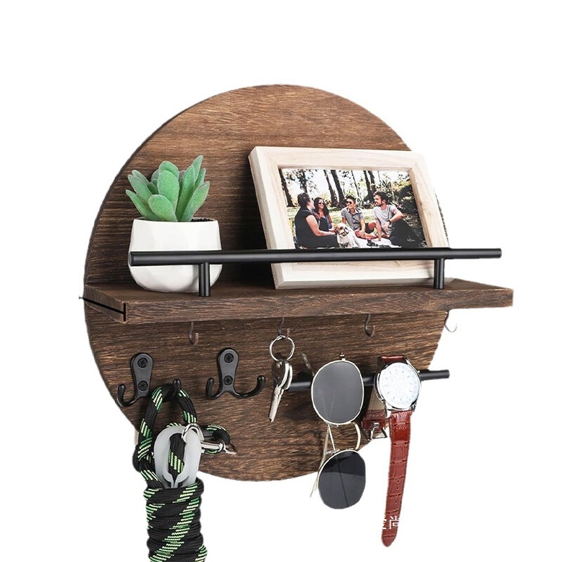 Retro Wooden Wall-Mounted Wall Storage Rack Round Shelf Storage Rack Solid Wood Home Decoration Rack Entrance Key Rack