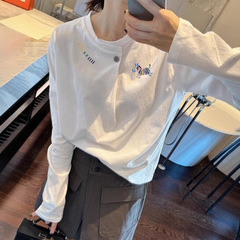 白色长袖T恤女2025早秋新款设计感一粒纽半开领显瘦遮肉上衣批发