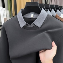 320克男士长袖t恤假两件太空棉衬衫领春秋新款时尚休闲纯色打底衫