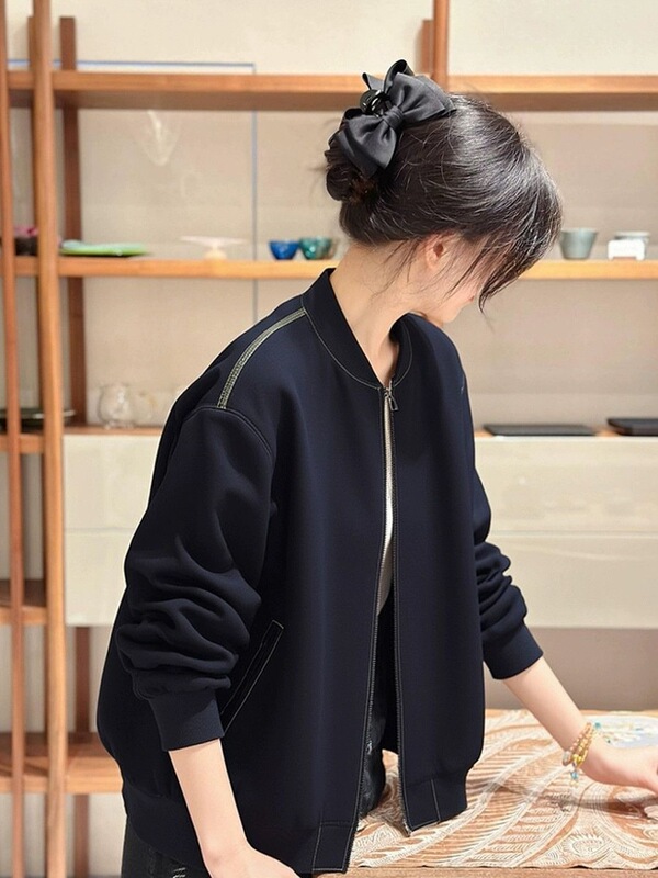 Black Hong Kong-style baseball jacket for women 2026 new plus-size slim-fit spring short cardigan jacket with zipper Black Hong Kong-style baseball jacket for women 2026 new plus-size slim-fit spring short cardigan jacket with zipper