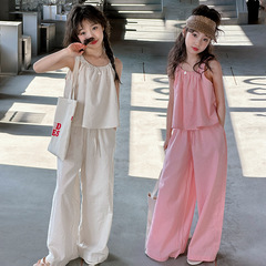 夏季中大女童吊帶套裝童裝兒童新女孩水洗棉闊腿長褲兩件套韓版潮