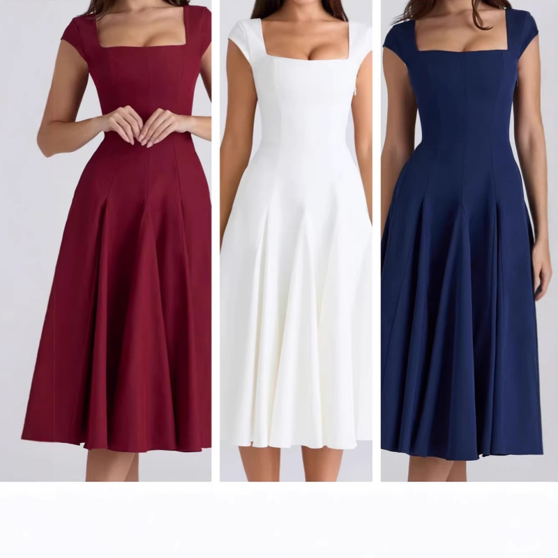 Elegant and Sophisticated Solid Color Square-Neck Mid-Length Dress with Back Tie and Waist-Cinching Design, A-Line Gown for a Refined Look Elegant and Sophisticated Solid Color Square-Neck Mid-Length Dress with Back Tie and Waist-Cinching Design, A-Line Gown for a Refined Look