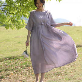 2025春夏新款棉麻女装 文艺七分袖方领 炒色苎麻连衣裙 宽松袍子