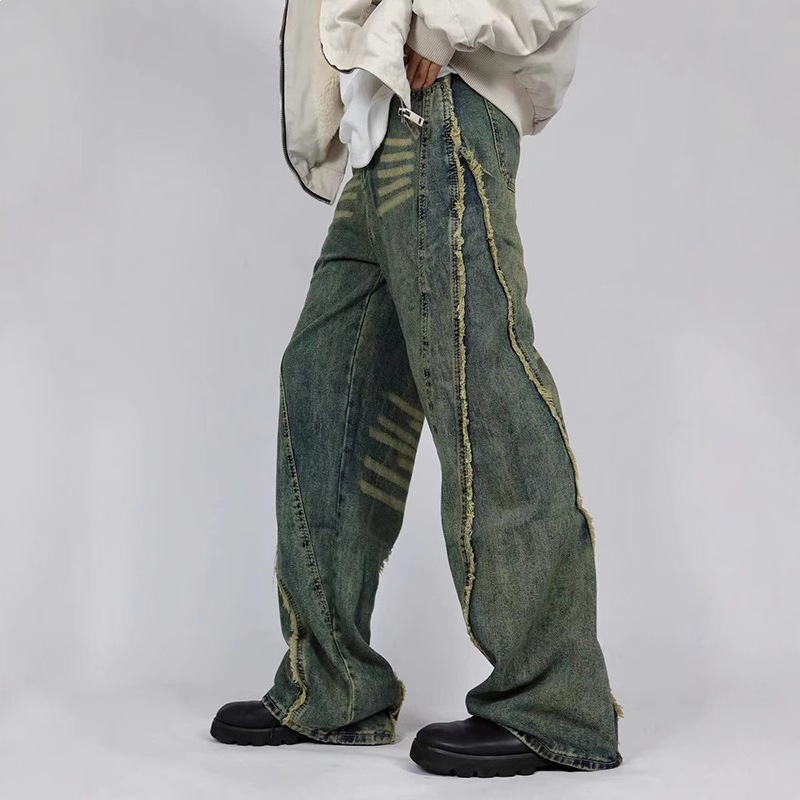 Men's Distressed Straight-Leg Jeans Vintage Washed High Street Denim Pants Raw Hem Slight Flare_mkmklike.com
