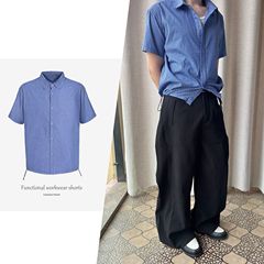 JMWH「ロイヤルブルー」香港風ロイヤルブルーチェック柄巾着半袖シャツmiuシリーズ夏万能