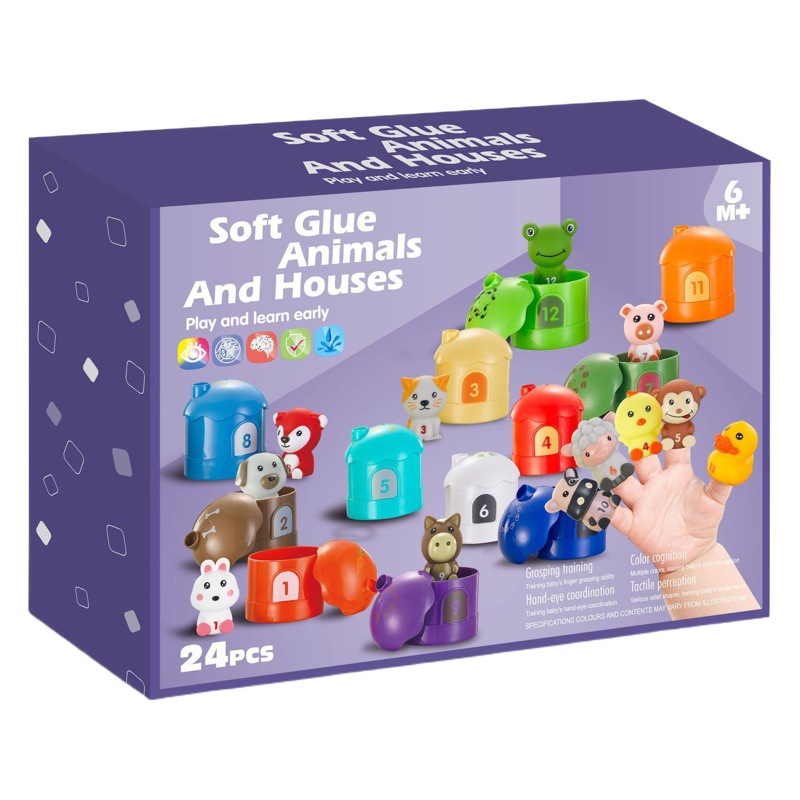 New Cross-Border Popular Kidsren's Educational Enlightenment Cognitive Soft Glue Animal Number Matching House Cartoon Animal Finger Puppet