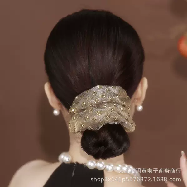 Platinum Siya large intestine hair ring Xiangsha champagne Plaid classic high-grade design double-layer organza Korean style hair rope