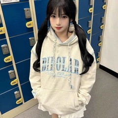 韩系学院风浅蓝民族风编织刺绣贴布连帽卫衣秋季新款宽松情侣帽衫