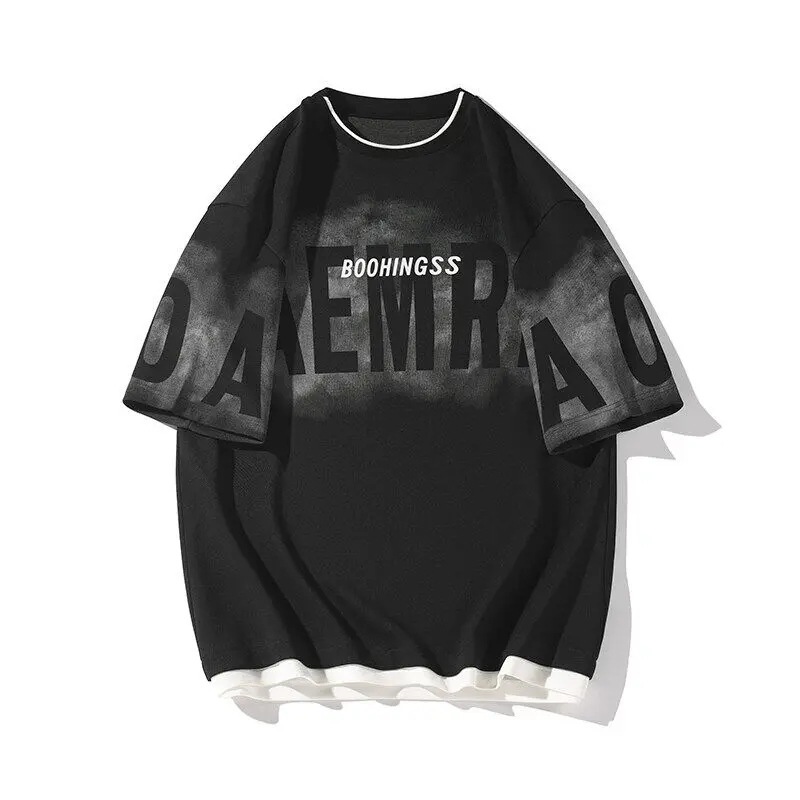 偽ツーピースアイスシルク半袖Tシャツメンズ2025夏トレンディブランドルーズで多用途なルーズラウンドネック半袖Tシャツ|undefined