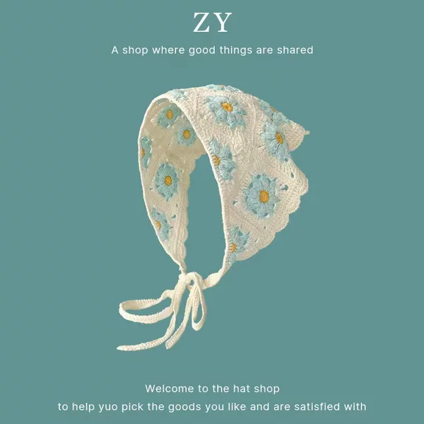 Trendy influencer photo shoot floral French triangle scarf head wrap for women, cute knitted headband, silk scarf, high-end head accessory
