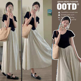 孕妇夏装新款设计感黑色拼接短袖收腰连衣裙气质显瘦别致长裙