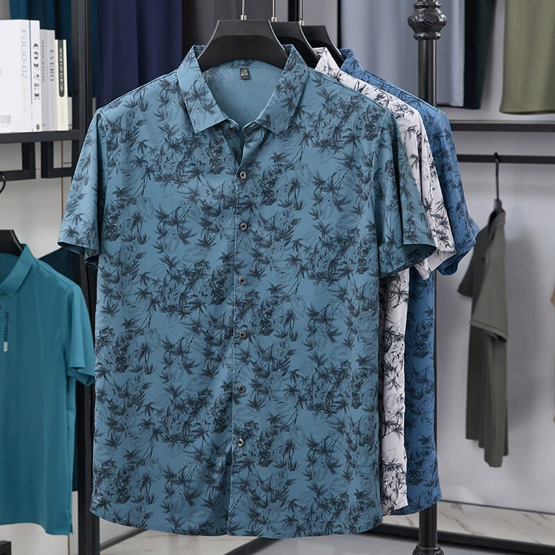 Летняя рубашка с коротким рукавом и цветочным принтом для мужчин, деловой повседневный стиль, для среднего и пожилого возраста, с отложным воротником - 0108