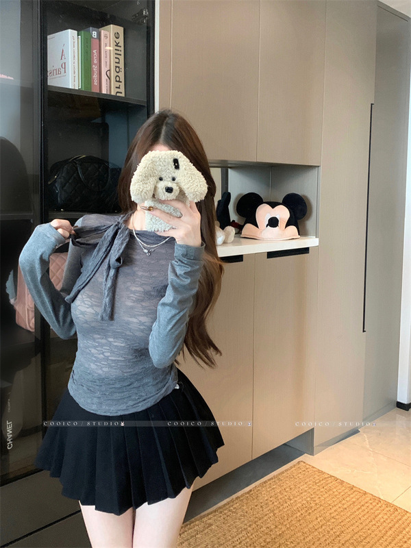 韩系时尚套装气质绑带长袖T恤女秋季修身显瘦百搭吊带背心两件套|undefined