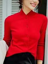 中国红复古盘扣针织羊绒开衫秋冬新款修身本命年小立领毛衣外套女