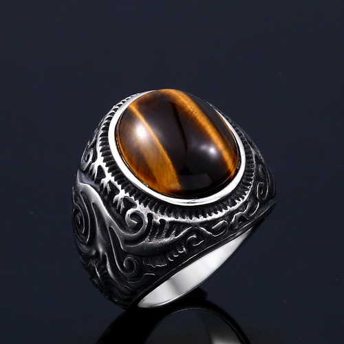 Beier Cross-border Wholesale Titanium Steel Ring for Men in Europe and America, Vintage Stainless Steel with Gemstone Inlay and Engraved Band Hand Accessory