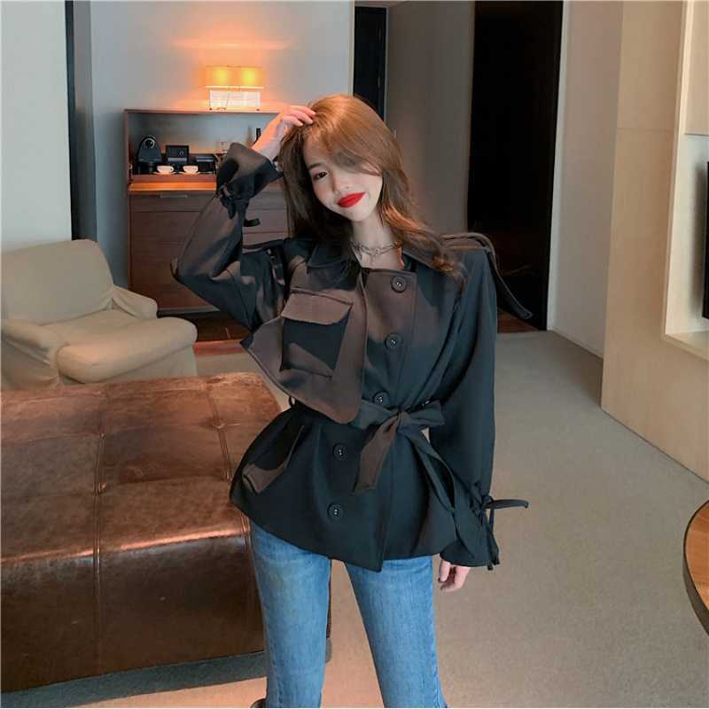 실제 사진과 실제 가격  한국 스타일 타이 허리 기질 윈드브레이커 슬림핏 패셔너블 카디건 재킷 여성용