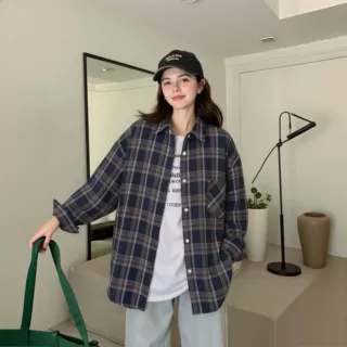 新款格子衬衫宽松女士长袖棉质百搭春秋新款时尚外穿女装衬衣女装