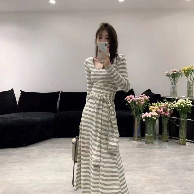 韩版复古条纹连衣裙女2025秋冬新款时尚气质百搭显瘦长袖打底裙子|undefined