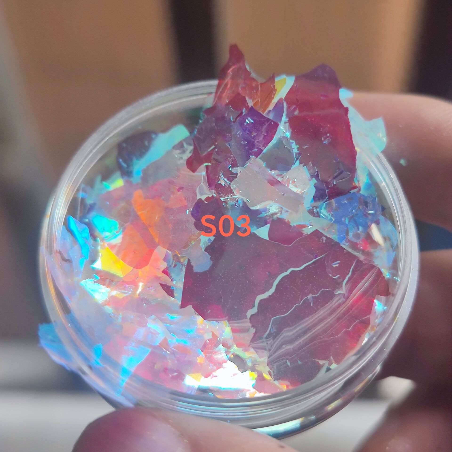 批发新品耐溶剂超大高亮极光粗片云锦闪片透明变色龙粗片 1g