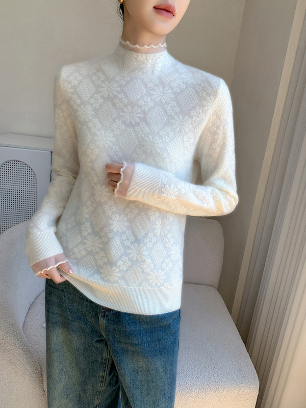 New Autumn and Winter Cashmere Knitted Bottoming Sweater for Women Pure Color Half Turtleneck Lace Jacquard Pullover Sweater Cardigan