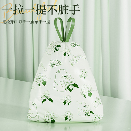 Tea Flower Print Drawstring Trash Bag Household Handheld Drawstring Kitchen Thick Cleaning Large Extra Thick Plastic Bag