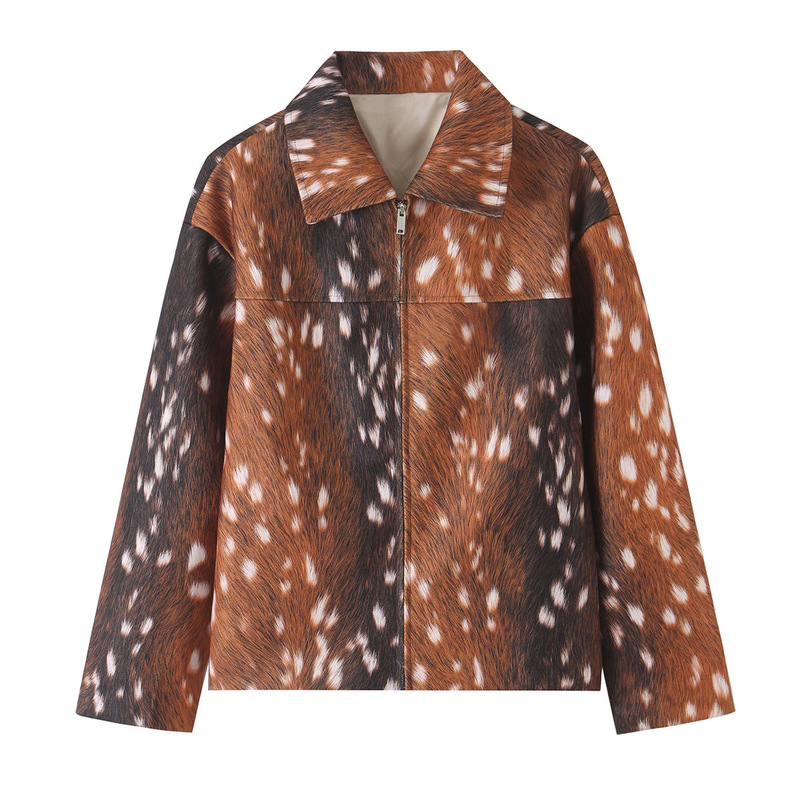 Cross-border women's clothing 2026 autumn and winter new style European and American retro deer spot print zip-up blazer jacket