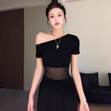 纯欲风辣妹斜肩网纱拼接性感黑色T恤收腰显瘦短袖打底衫上衣ins潮
