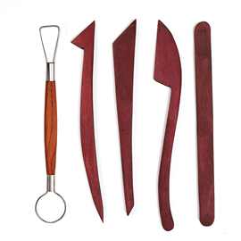 跨境陶艺工具5件套红色木刀雕刻刀黏土工具 木质软陶泥塑修胚工具