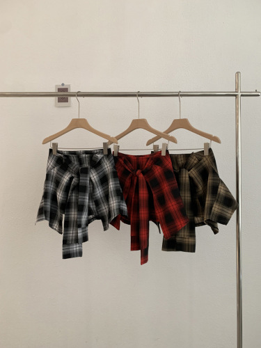 Omaile Irregular A-line Shorts Summer Retro High-Waist Grid Belt Pencil Skirt Set 7986