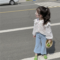 2024春季新款 韓版童裝 女童刺繡翻領娃娃領蕾絲襯衫寶寶鏤空襯衣