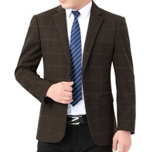 单件羊毛西装男韩版格子单西上衣秋冬商务休闲西服爸爸装毛料外套