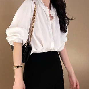 in stock Japanese 2024 Summer New Korean Fashion High Collar Puff Sleeve Shirt Women's Clothing