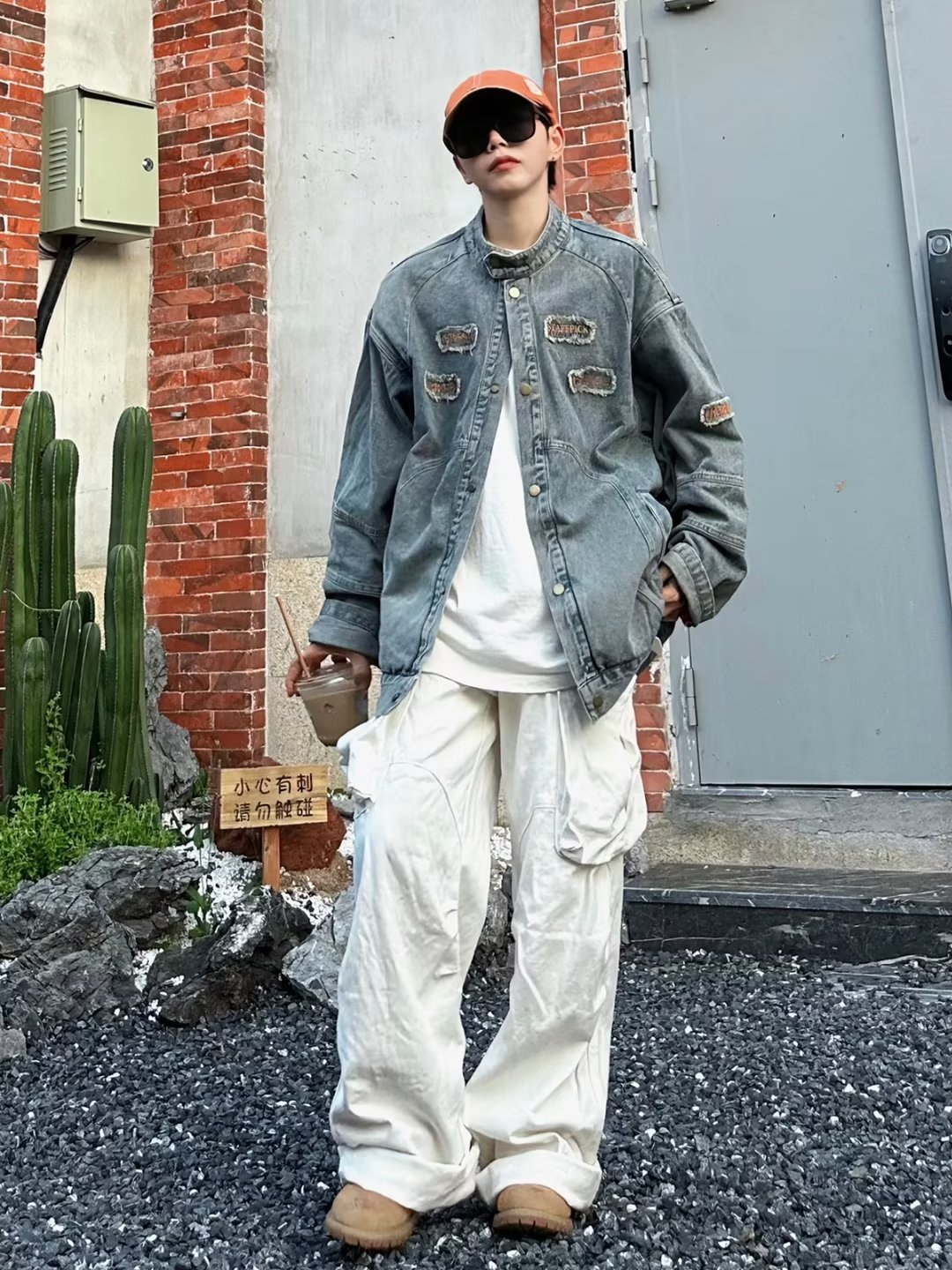 2023 American retro loose patch washed stand collar vintage Denim jacket spring and autumn jacket niche contrast color men