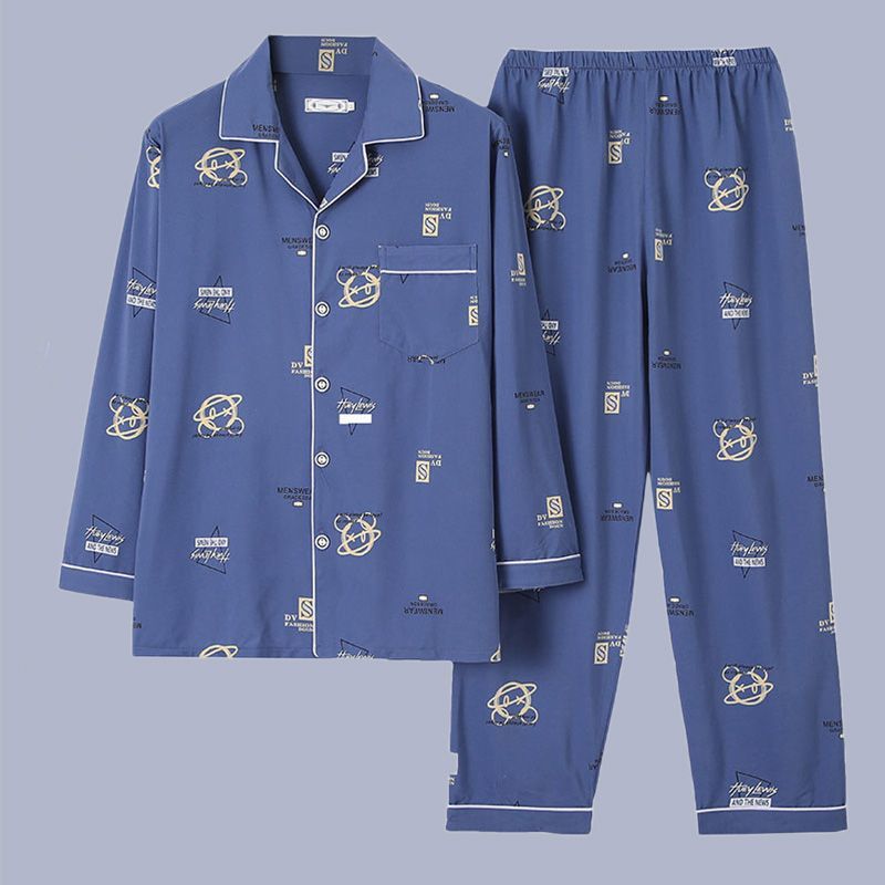 100% algodón pijamas de los hombres de primavera y otoño de manga larga traje de dos piezas más el tamaño suelto de la Juventud de los hombres homewear Delgado