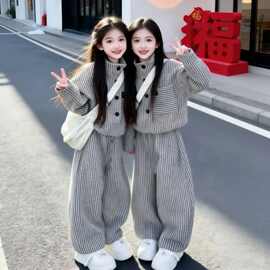 女童韩版条纹套装春秋季2026新款初中生洋气休闲春装款运动两件套