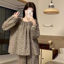批发货源韩版全棉秋冬复古印花简约甜美蕾丝宽松休闲ins家居服套
