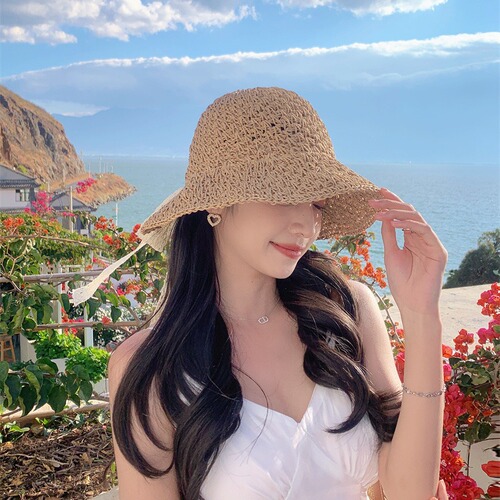 Straw Hat with Lace Butterfly Knot Lattice Handmade Crochet Summer Sunshade Sun Hat Fashion Bucket Hat