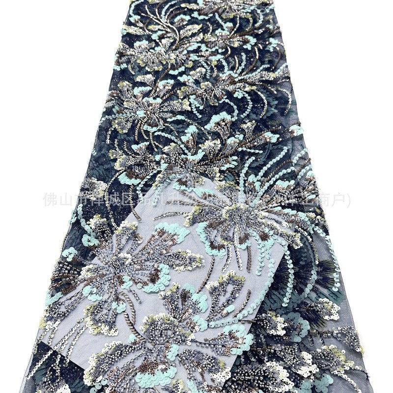 Nuevo fresco clavos de cuentas sequinilla tela de malla bordada floral de color brindis de novia vestido de noche tela image 3