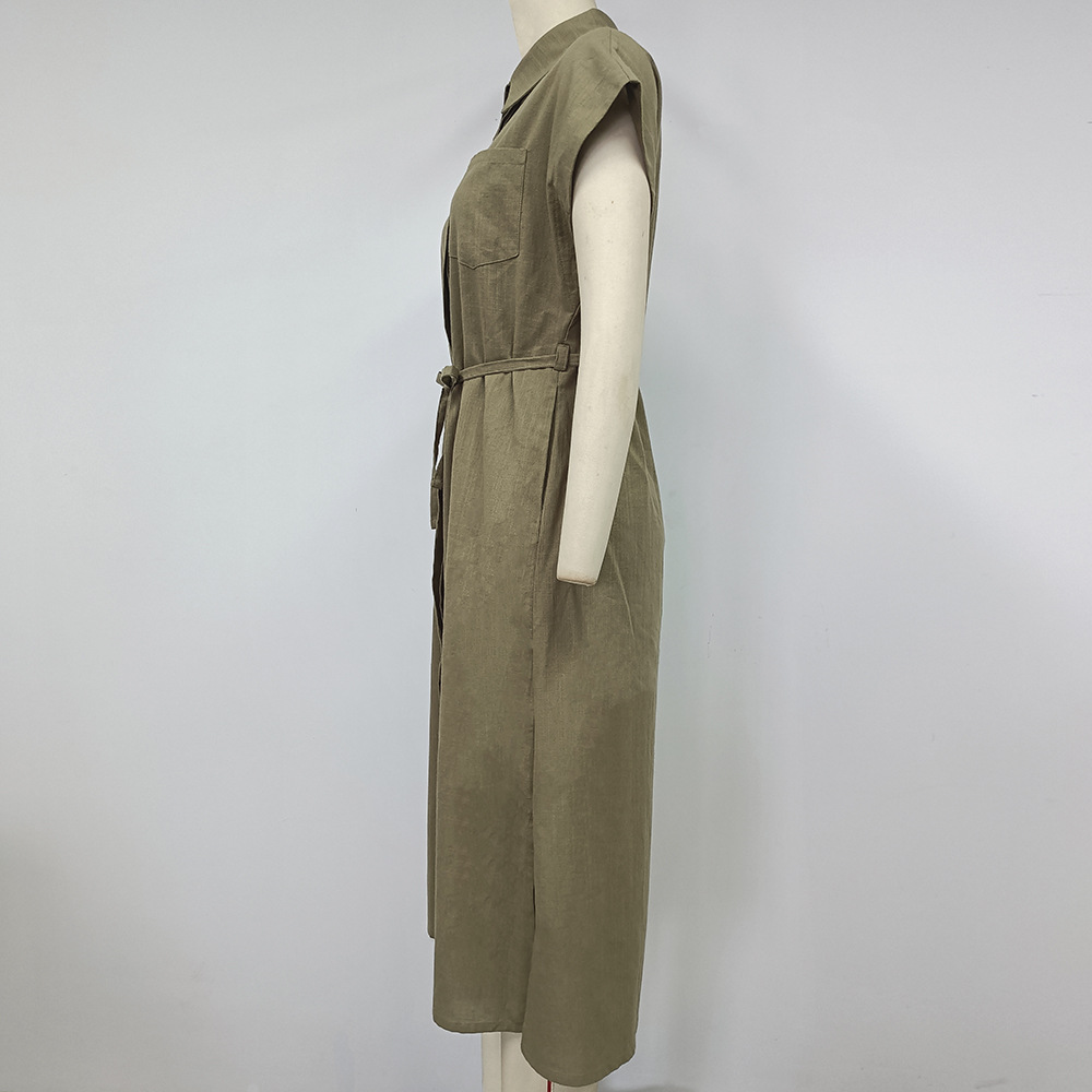 Women Clothes Collared Loose Long Shirt Dress Single Breasted Waist Dress