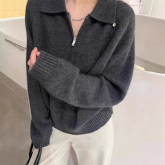 慵懒风polo领半拉链套头毛衣女秋冬新款宽松高级感翻领针织衫上衣