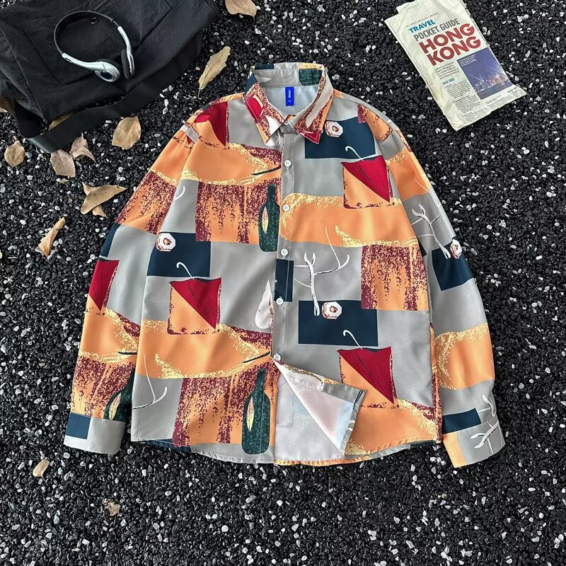 Retro Vintage Hong Kong Style Shirt Men's Long-Sleeved Ins Trendy 80S Loose Handsome Nostalgic Floral Shirt Spring & Fall