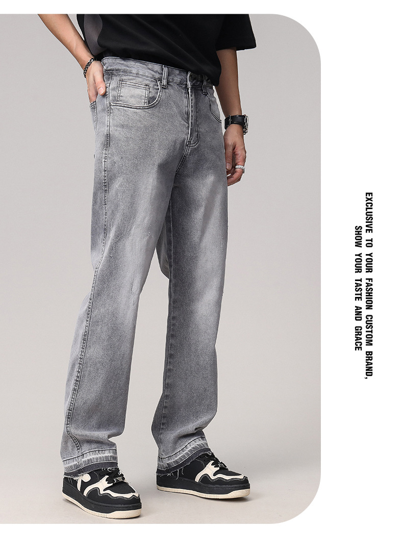 2023 Spring/Summer new solid-color jeans for men, washed light gray distressed pants with frayed edges, American straight-leg pants pic 2